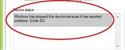 Zrzut ekranu Windows zatrzymał to urządzenie, ponieważ zgłosiło problemy. (Kod 43) Скриншот Windows has stopped this device because it has reported problems.(Code 43)