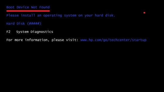 Nie znaleziono błędu Boot Device na urządzeniu HP Скриншот ошибки Boot Device Not Found на HP