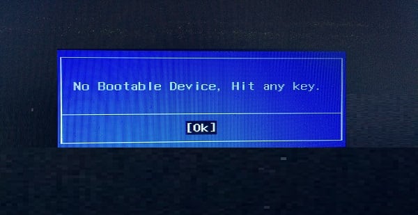 Brak urządzenia startowego, uderz dowolny zrzut ekranu błędu No Bootable Device, Hit any key скриншот ошибки