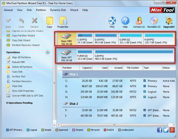 Используйте "MiniTool Partition Wizard" для определения схемы ваших разделов