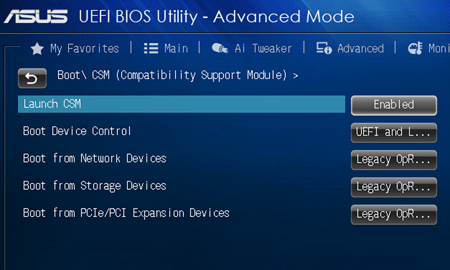 Режим CSM в ASUS UEFI BIOS