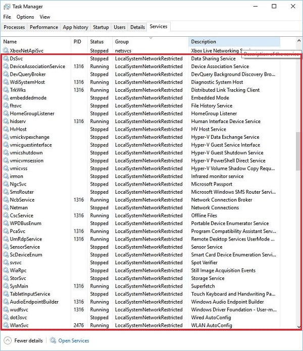 Lista usług korzystających z funkcji Svchost.exe w ich pracy LocalSystemNetworkRestricted Список сервисов, использующих в своей работе возможности Svchost.exe LocalSystemNetworkRestricted