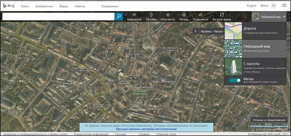 При работе с картами Bing не забудьте активировать гибридный вид