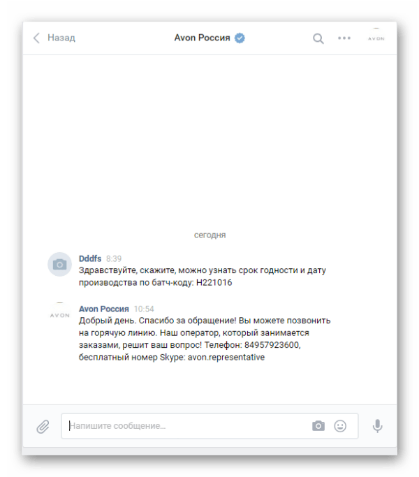Korespondencja VK z przedstawicielem Avon Переписка VK с представителем Avon