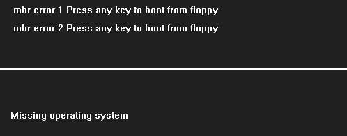 Tekst błędu na ekranie komputera MBR ERROR 1 Press any key to boot from floppy