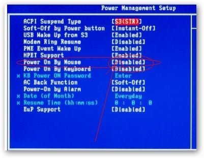 Element BIOS "Włącz mysz" Пункт BIOS "Power on by mouse"