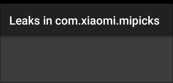 Szary ekran z napisem Wycieki w pliku com.xiaomi.mipicks, który pojawia się po uruchomieniu skrótu Wycieki Серый экран с надписью Leaks in com.xiaomi.mipicks, появляющий при запуске ярлыка Leaks